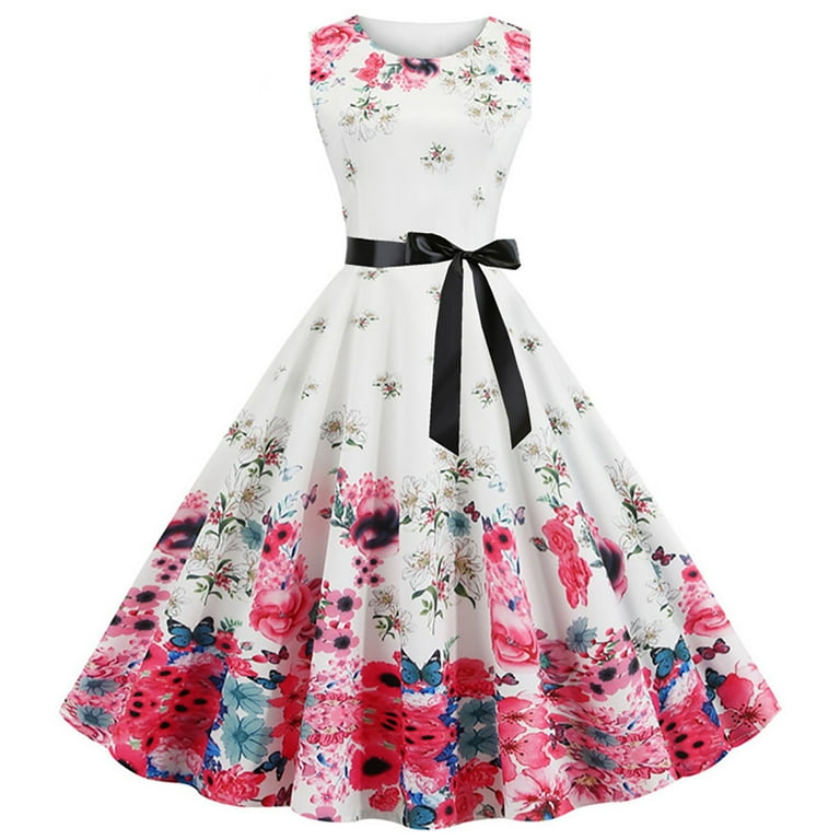 Women s Retro 50 s 60 s Style Dress Audrey Hepburn Vintage Tea Cocktail Dresses Puffy Swing Prom Party Dress With Belt Walmart