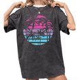 thumbnail image 1 of Women's Retro 80s Sunset Palm Tree Tropical Graphic Comfortable Short Sleeve Washed Tee Black S-2XL Plus Size, 1 of 5
