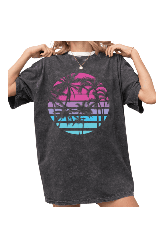 Women's Retro 80s Sunset Palm Tree Tropical Graphic Comfortable Short Sleeve Washed Tee Black S-2XL Plus Size