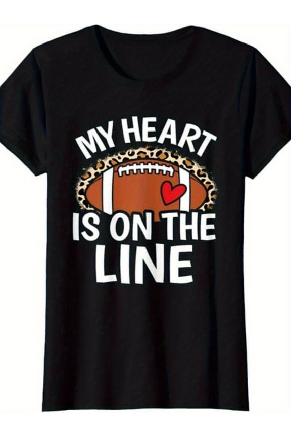 Women's Retro American Football Graphic Tee My Heart Is On The Line Leopard Print Game Day Sports Fan T-Shirt