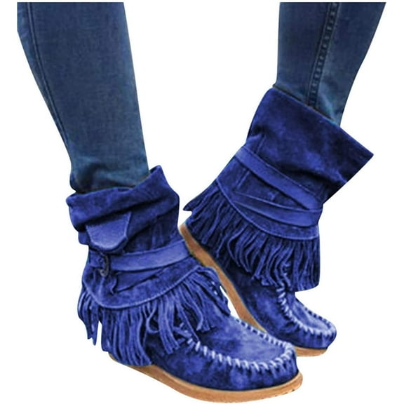 Women's Retro Ankle Boots – Platform Heel with Suede Upper, Fringe Detailing & Adjustable Strap