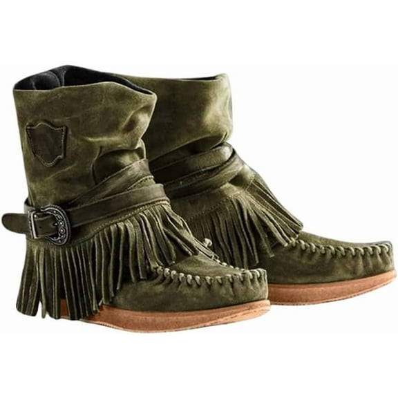 Women's Retro Ankle Boots – Platform Heel with Suede Upper, Fringe Detailing & Adjustable Strap