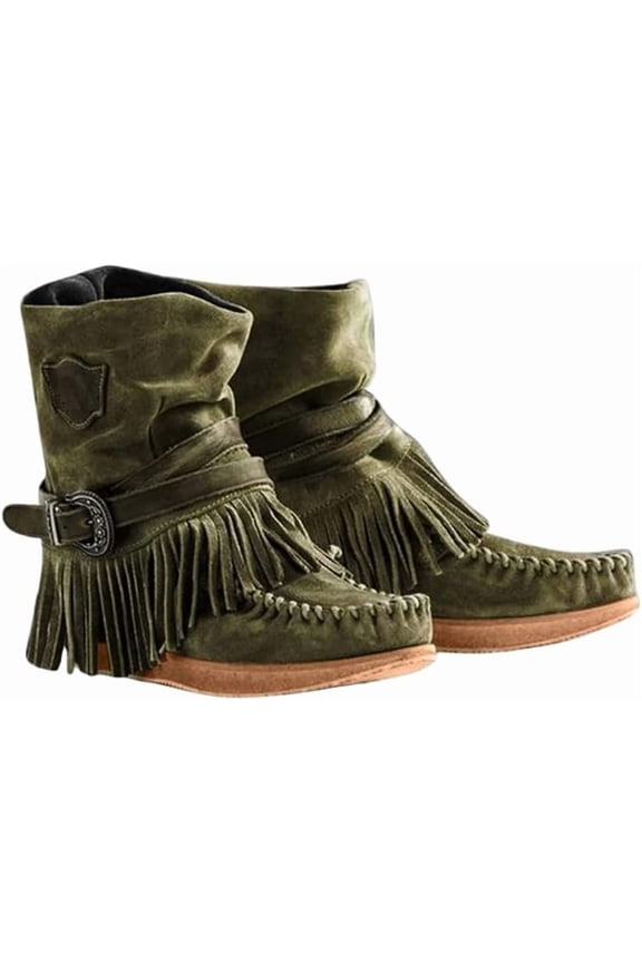Women's Retro Ankle Boots – Platform Heel with Suede Upper, Fringe Detailing & Adjustable Strap