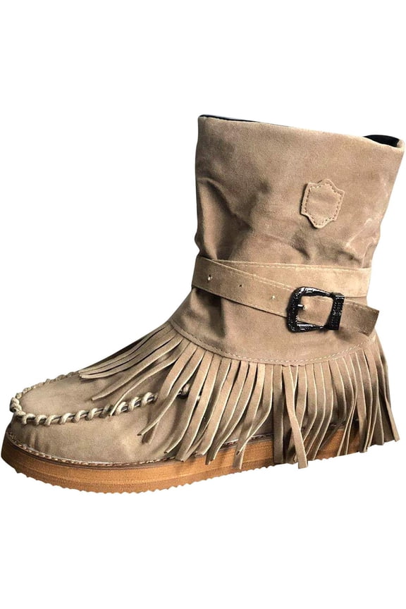 Women's Retro Ankle Boots – Platform Heel with Suede Upper, Fringe Detailing & Adjustable Strap
