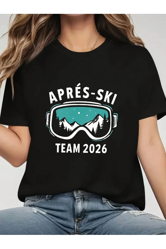 Women's Retro Aprés-Ski Team 2026 Graphic T-Shirt Vintage Winter Mountain Snow Goggles Short Sleeve Cotton Apparel