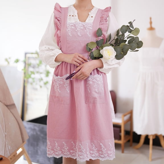 Women's Retro Apron with Lace Trim Ruffle Detail Pockets for Baking Cooking Kitchen Housework Daily Use Home