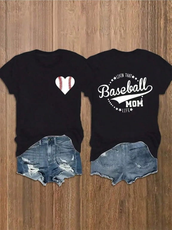 Women's Retro Baseball Mom Graphic T-Shirt Livin That Baseball Mom Life Heart Print Sports Fan Short Sleeve Tee