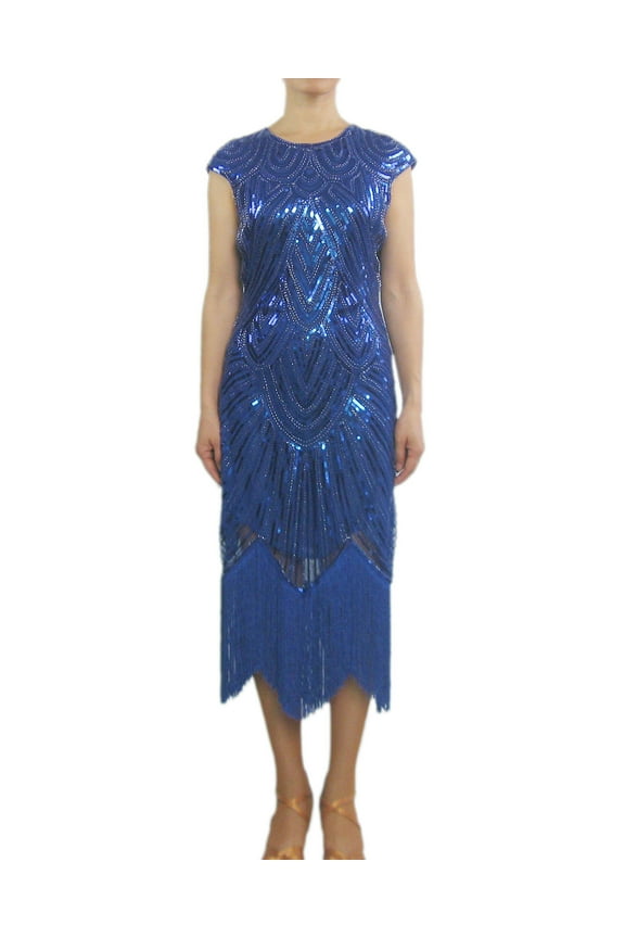 Women's Retro Beaded Tassel 1920s 20's Gatsby Flapper Party Dresses Blue
