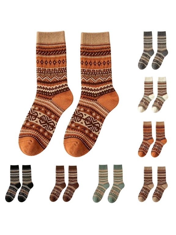 Women's Retro Bohemian Printed Crew Socks Ladies Fall Winter Vintage Soft Stylish Mid-Calf Warm Socks One Size