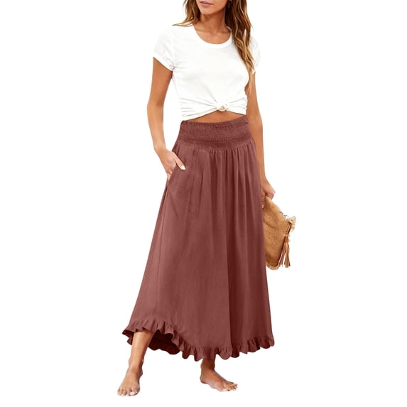 Women's Retro Boho Summer Long Skirt, Comfy Smocked High Waisted Maxi Skirts, Casual Chic Flowy Skirt for Beach Holiday Travel
