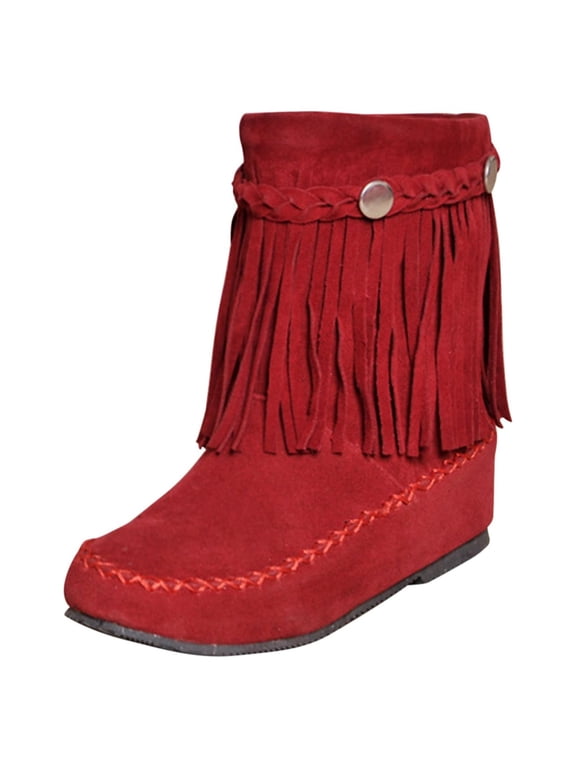 Women's Retro Bootie Casual Lightweight Solid Color Fringed Frosted Suede Flat Inner Height Ankle Boots,Red Boots women size 4.5
