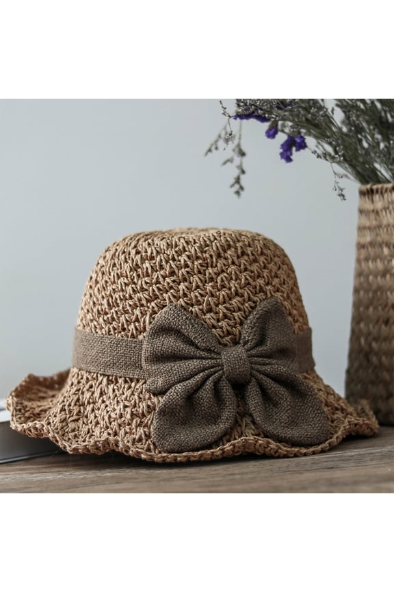 Women's Retro Bow Straw Hat - Sun Hat Foldable and Breathable Travel for Summer Woven Straw Hats, Elegant Vintage Floppy Hat Coffee