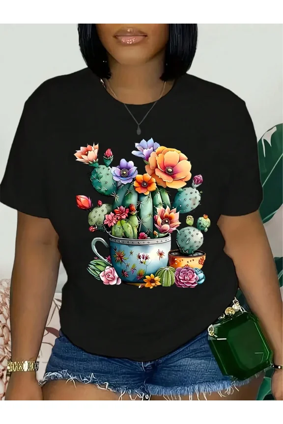 Women's Retro Cactus Floral Teacup Graphic T-Shirt - Colorful Succulent Desert Botanical Short Sleeve Summer Top