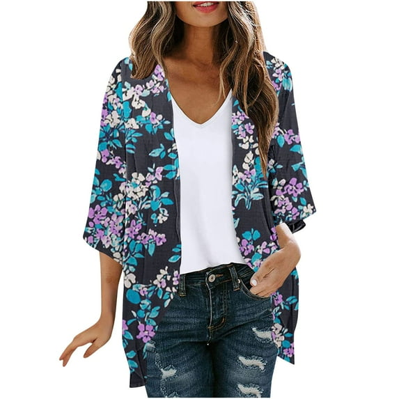 Women's Retro Cardigan Floral Printed Tops Open Front Cardigans 3/4 Sleeve Cardigan Lightweight Chiffon Kimono Cardigan Draped Ruffles Blouses Summer Beach Wear Cover Up