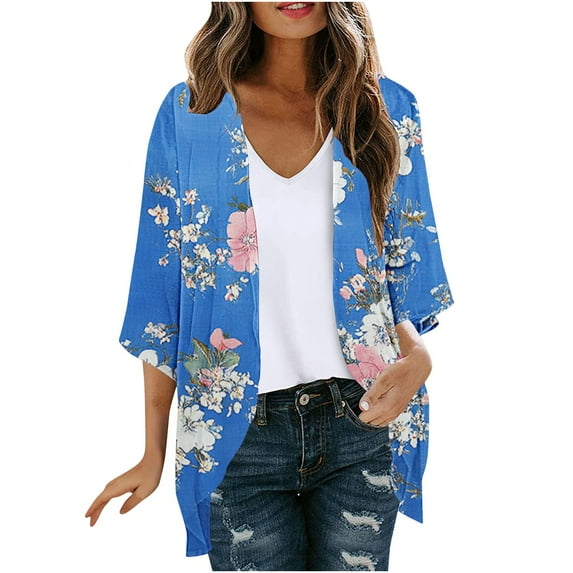 Women's Retro Cardigan Floral Printed Tops Open Front Cardigans 3/4 Sleeve Cardigan Lightweight Chiffon Kimono Cardigan Draped Ruffles Blouses Summer Beach Wear Cover Up