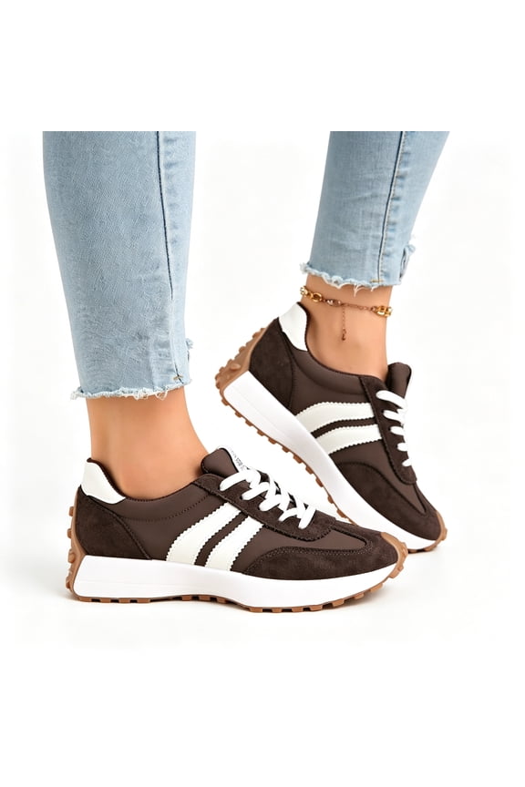 Women Striped Faux Suede Platform Walking Sneakers, Lace Up Low Top Retro Soft Sole Casual Athletic Trainers