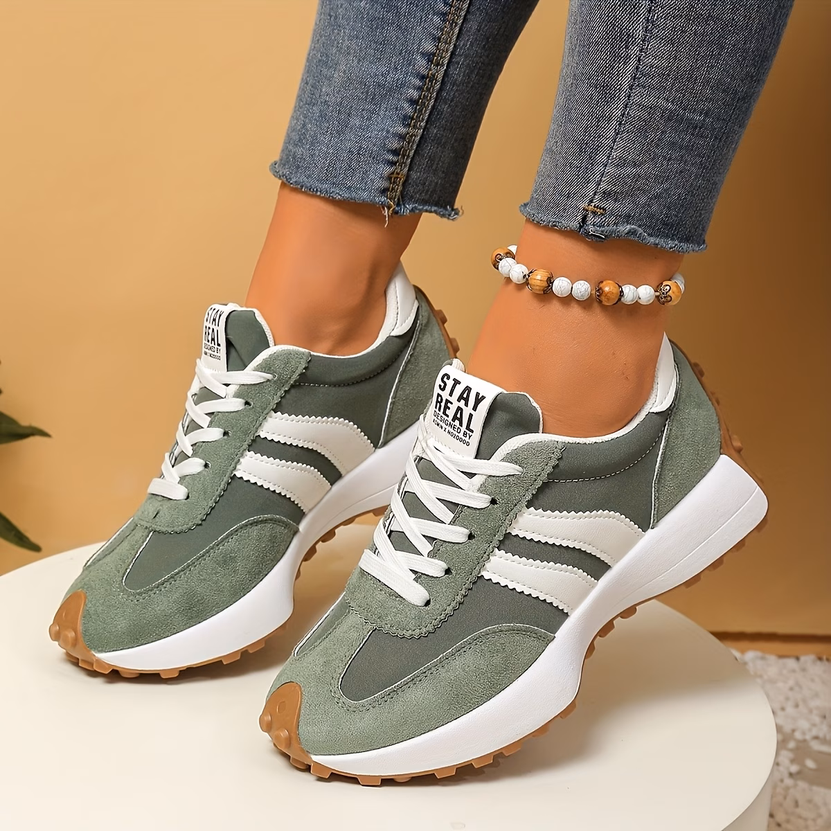 Women Striped Faux Suede Platform Walking Sneakers, Lace Up Low Top Retro Soft Sole Casual Athletic Trainers
