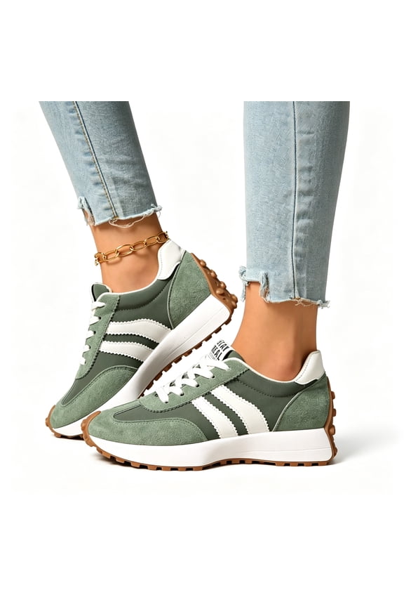 Women Striped Faux Suede Platform Walking Sneakers, Lace Up Low Top Retro Soft Sole Casual Athletic Trainers