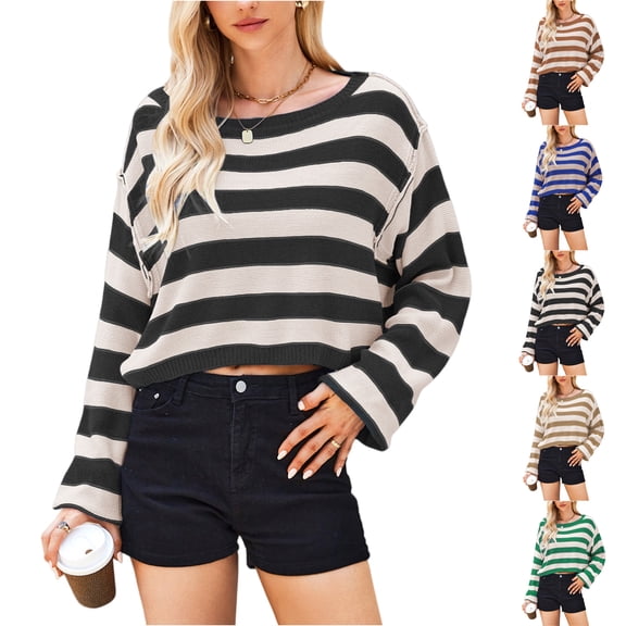 Women's Retro Casual Loose Fashion Winter Short Knitted Striped O-Neck Sweater, Chic and Comfortable, Perfect for Layering and Seasonal Activities,Blue,S