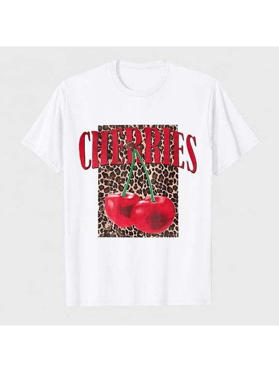 Women's Retro Cherry Leopard Graphic T-Shirt, 100% Cotton Short Sleeve Shirt