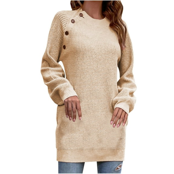 Women's Retro Chic Crew Neck Tunic Dress Asymmetric Buttoned Collar Sweater Dress Long Sleeve Knit Pullover Dress