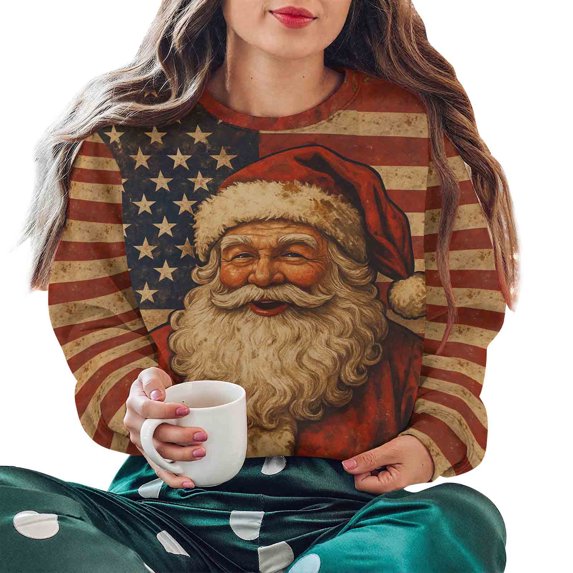 Women’s Retro Christmas Cartoon Print Round Neck Hoodie Casual Fall Winter Sweatshirt Fun Holiday Light Graphic Pullover Comfortable Xmas Novelty Gift Top