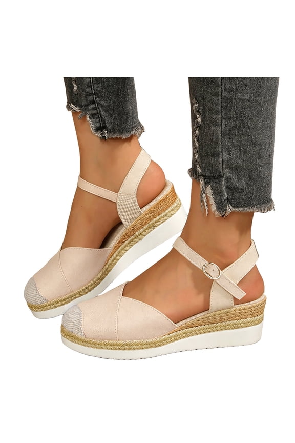 Women's Retro Closed Toe Platform Sandals Color Blocking Lightweight Canvas Summer Dressy Ankle Strap Wedge Heels Beige Size 8.5