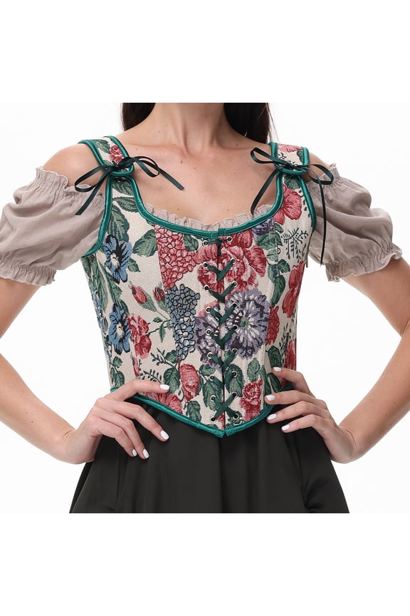 Women’s Retro Corset Camisole Top – Zip-Up Tank with Tie-Waist Design, Vintage Renaissance Floral Underbust Corset