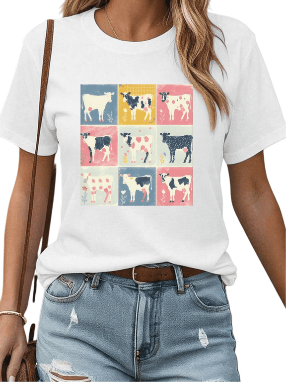 Women's Retro Cow Grid Graphic Cotton T Shirt Casual Comfortable Short Sleeve Round Neck Top White S-5XL