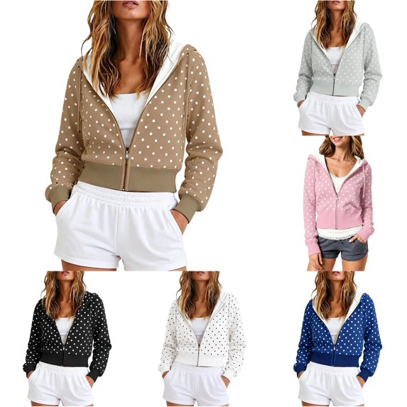 Women's Retro Cute Polka Dot Hooded Jacket with Zipper Short Sweatshirt Top