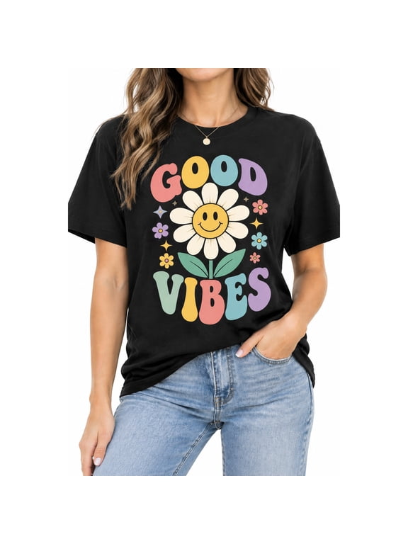Women's Retro Daisy Graphic T Shirt Cute Smiley Flower Vintage Tee Black Casual Short Sleeve Top