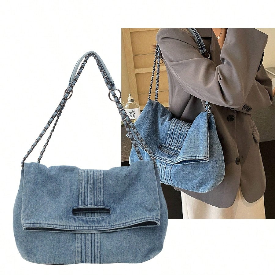 Women's Retro Denim Crossbody Bag – Large Capacity Tote Purse with Adjustable Shoulder Strap and Chain Strap, Perfect for Casual or Everyday Use 44448229