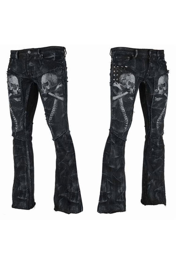 Women's Retro Denim Lace-Up Flare Pants Skull Print Jeans
