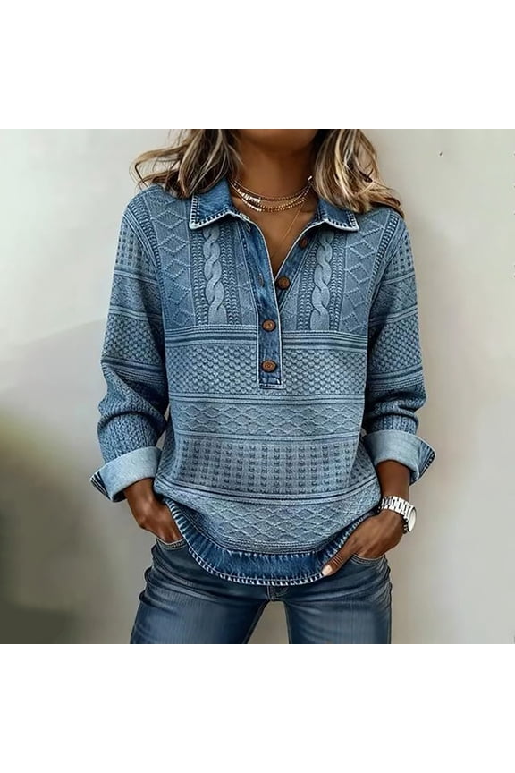 Women's Retro Denim Patchwork Pullover, Button-Up V Neck Long Sleeve Shirt, Casual Distressed Jeans Top for Women, Weekend Outings and Coffee Dates Dark Blue XXXL