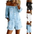 thumbnail image 1 of Women's Retro Denim Romper with Off-Shoulder Neckline and Functional Side Pockets, Soft Stretch Fabric for All Day Comfort Gray XL, 1 of 3