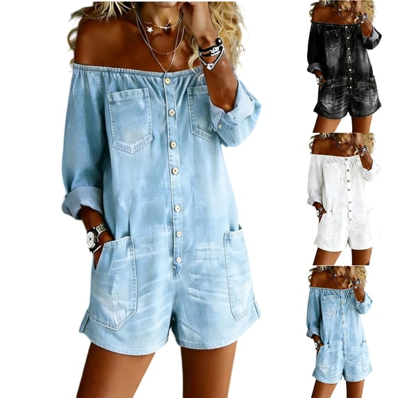 Women's Retro Denim Romper with Off-Shoulder Neckline and Functional Side Pockets, Soft Stretch Fabric for All Day Comfort Gray XL
