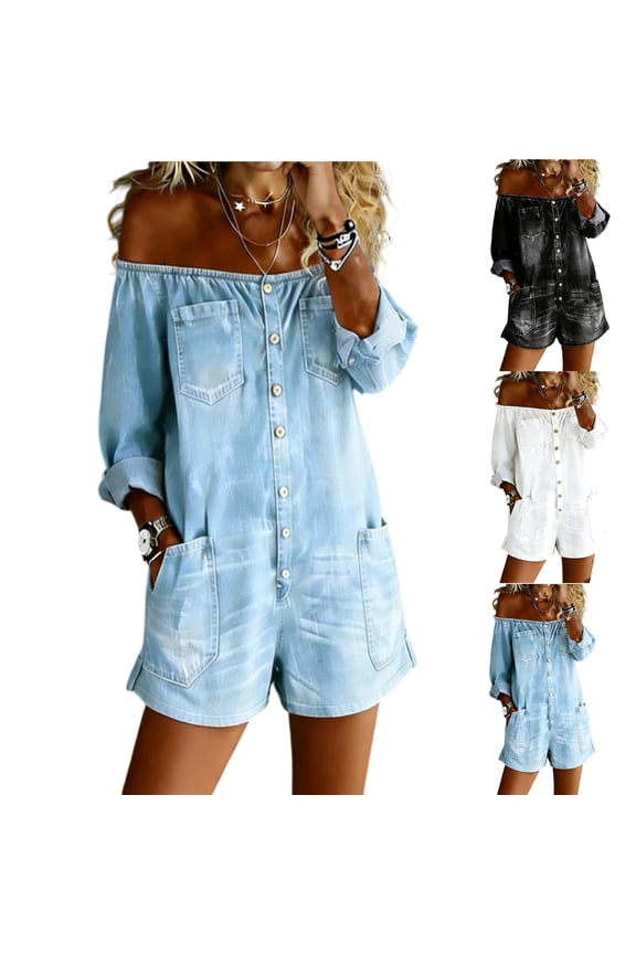 Women's Retro Denim Romper with Off-Shoulder Neckline and Functional Side Pockets, Soft Stretch Fabric for All Day Comfort Gray XXL