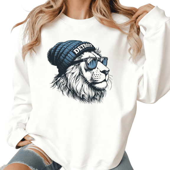 Women's Retro Detroit Urban Cool Lion "Detroit Beanie & Sunglasses"Vintage Graphic Breathable Sweatshirt Round-neck long-sleeved White S-3X