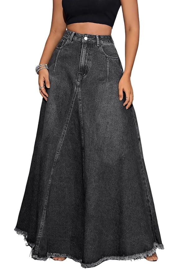 Women's Retro Distressed High Waist Frayed Hem A Line Wash Maxi Long Denim Skirt with Pockets