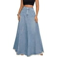 thumbnail image 1 of Women's Retro Distressed High Waist Frayed Hem A Line Wash Maxi Long Denim Skirt with Pockets, 1 of 10