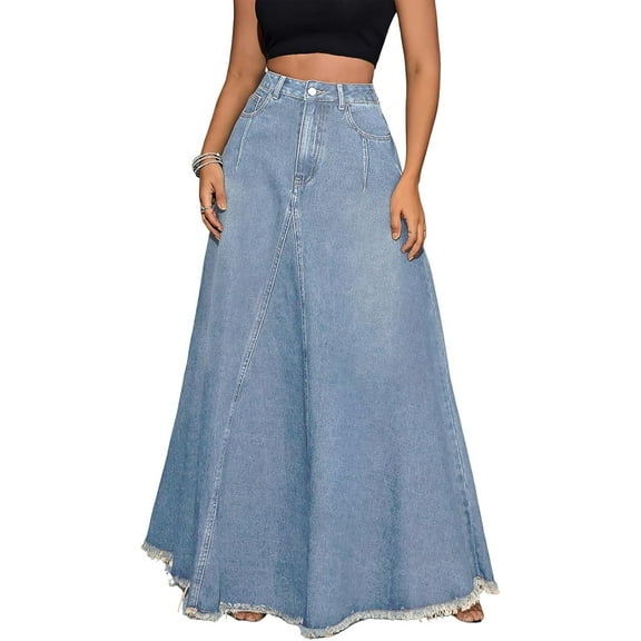 Women's Retro Distressed High Waist Frayed Hem A Line Wash Maxi Long Denim Skirt with Pockets