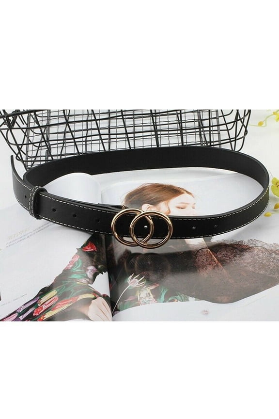 Women's Retro Double Circle Buckle PU Leather Belt