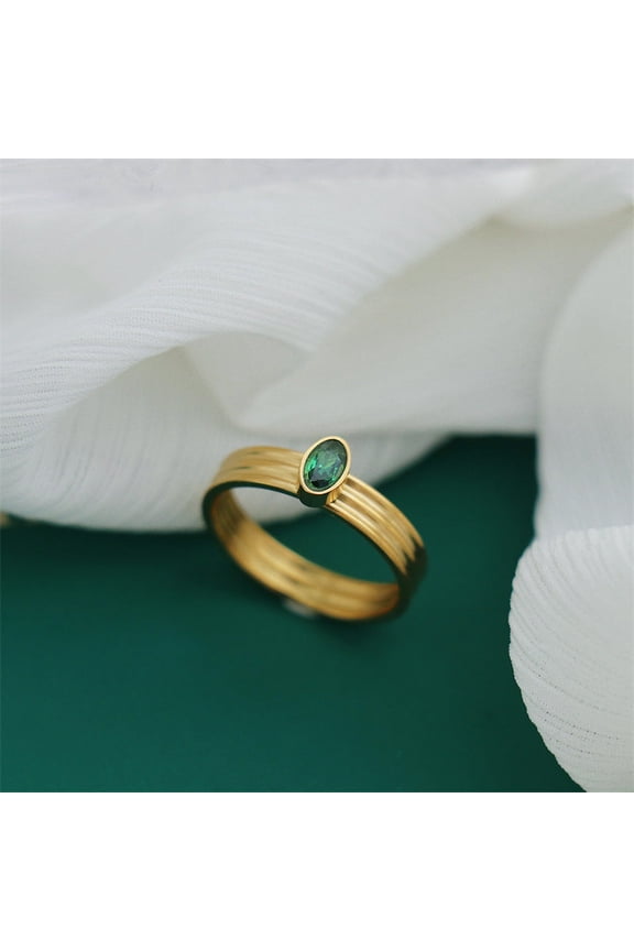 Women's Retro Double Layer Ring Gold Titanium Steel 4mm Band with 5x3mm Diamond Sizes 6 7 8 9 Stylish keepsake