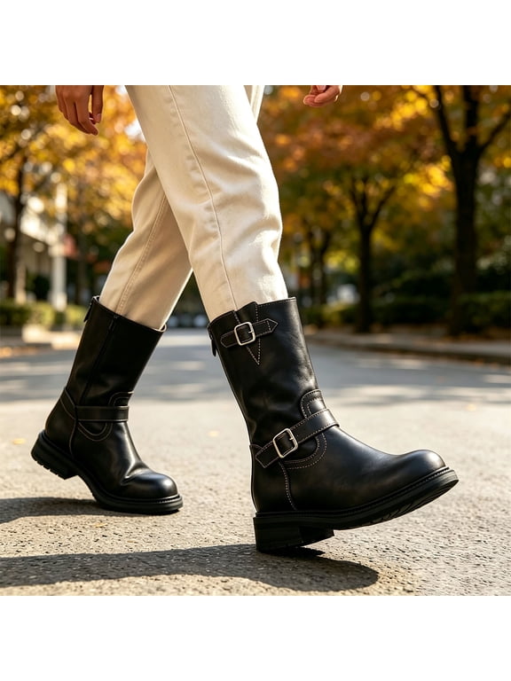 Women's Retro Dual Buckle Strap Mid Calf Biker Boots, Soft Leather Back Zip Low Heel Booties, Stable Comfort Booties Black 6(36)