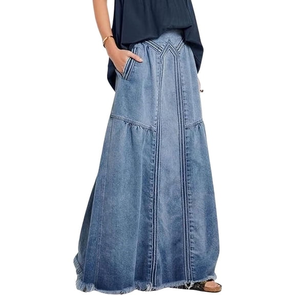 Women's Retro Elastic High Waist Frayed A-Line Maxi Denim Skirt with Pockets
