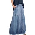 thumbnail image 1 of Women's Retro Elastic High Waist Frayed A-Line Maxi Denim Skirt with Pockets, 1 of 5