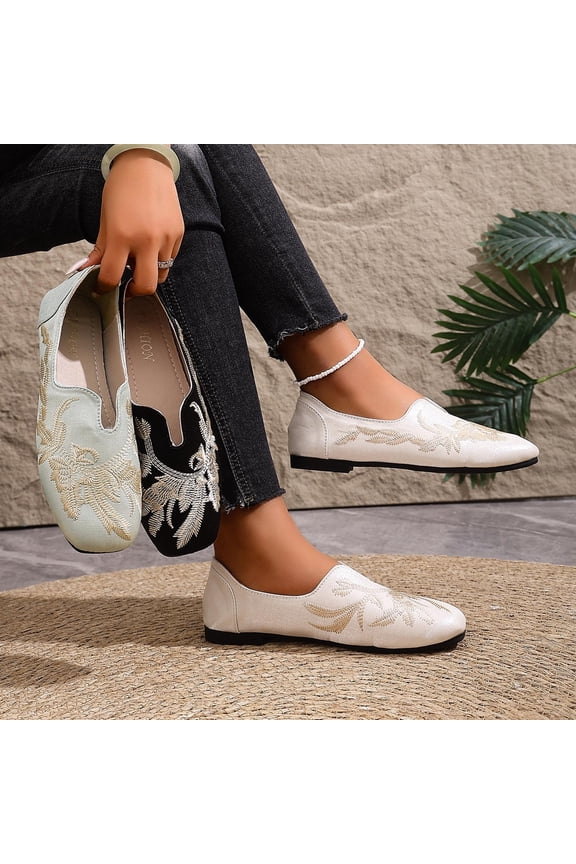 Women's Retro Embroidered Loafers, Soft Sole Comfortable Flat Shoes, Spring Summer Casual Slip On Moccasins, Plus Size Low Heel Walking Shoes, Breathable Lightweight Dress Shoes for Daily Wear