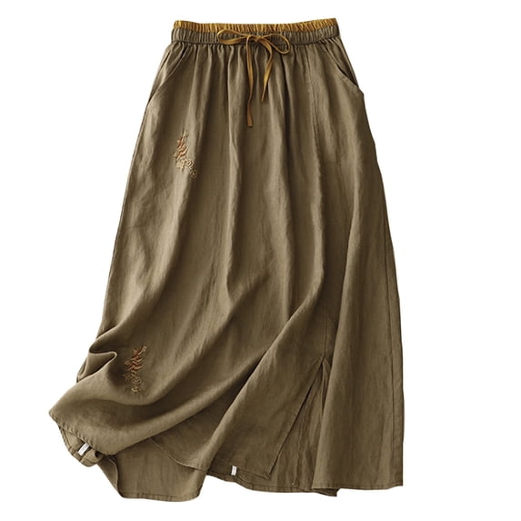 Women's Retro Embroidered Midi Skirt Cotton Linen Elastic Waist Split Long Skirts Casual A Line Boho Outfits