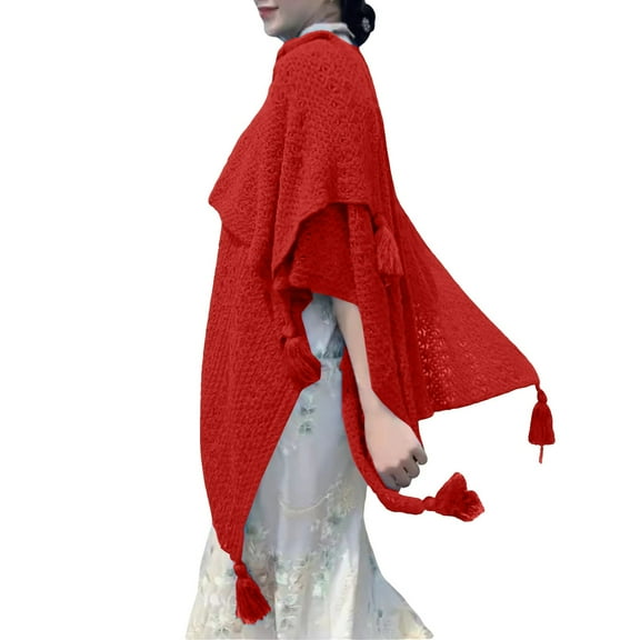 Women's Retro Ethnic Style Knitted Shawl with Tassels, Bohemian Fringe Slit Open Front Wrap, Hand Knotted Long Tassel Cover Up for Music Festival, Lightweight Knit Wrap for Spring Autumn Wear Wine