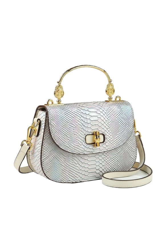 Women's Retro Evening Handbag Snake Pattern Top Handle Satchel Genuine Leather Small Tote Crossbody Bag